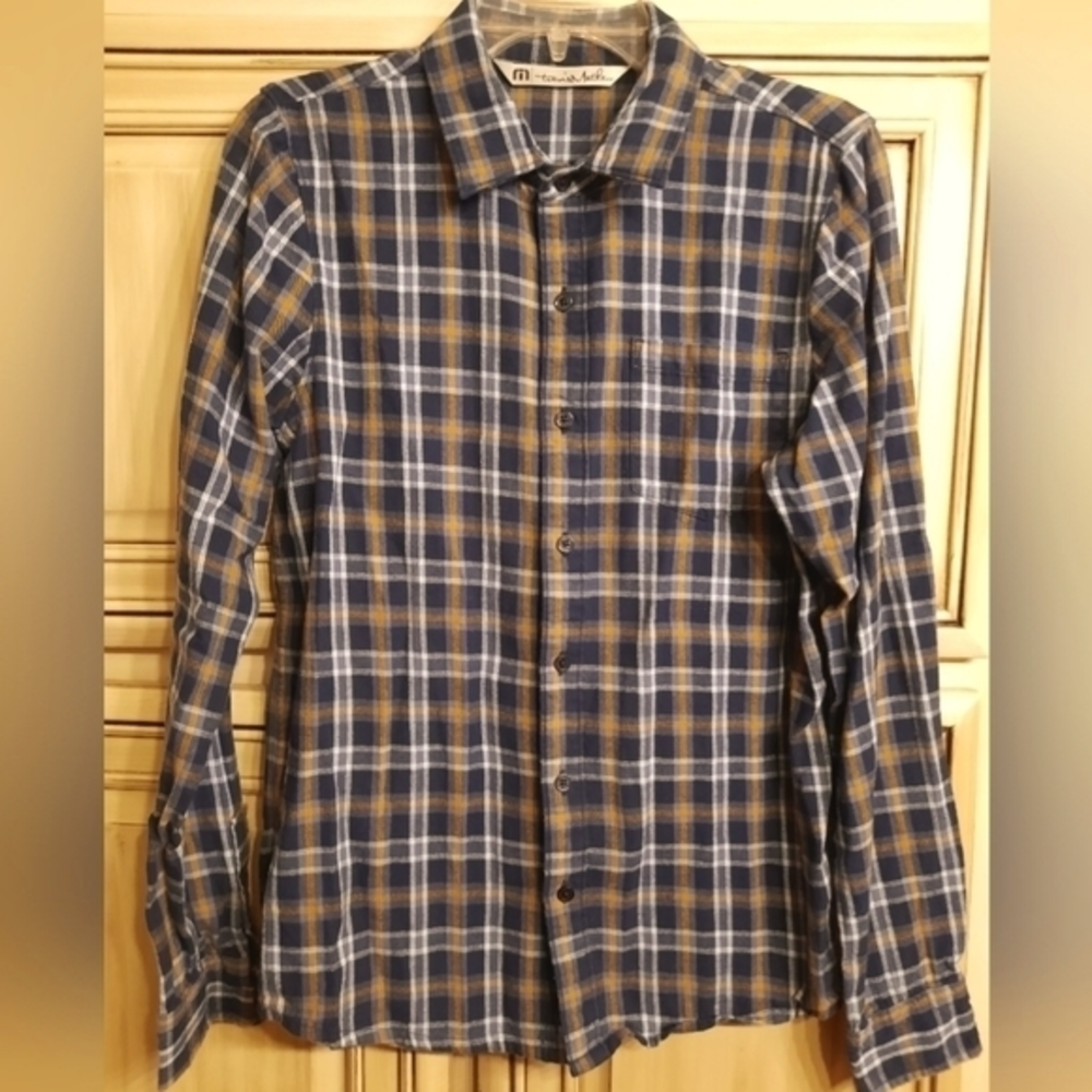Travis Mathew Dark‎ Navy / Rust Flannel Long Sleeve Shirt SMALL
